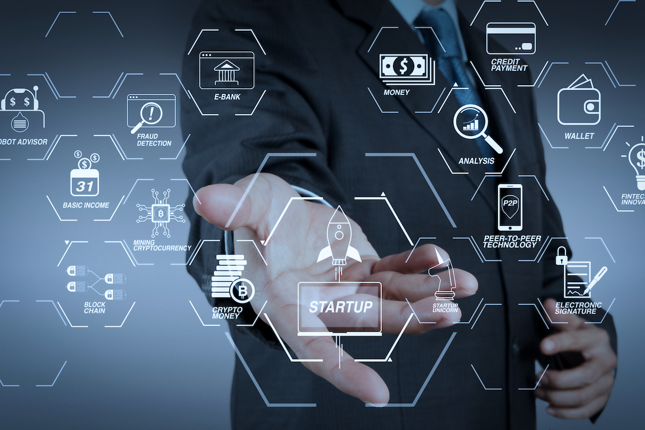 Financial technology flowchart and basic income mining cryptocurrency with blockchain startup unicorn crypto money virtual diagram.business man with an open hand as showing something concept